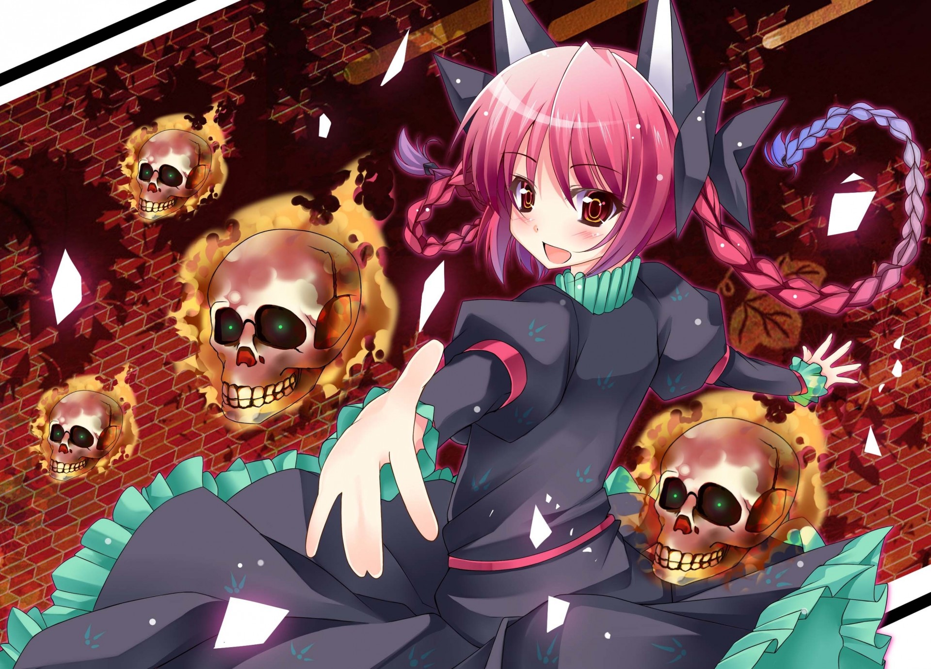 hort hair pink hair orange eyes dress torment enzo twintails catgirl blush animal ears fire