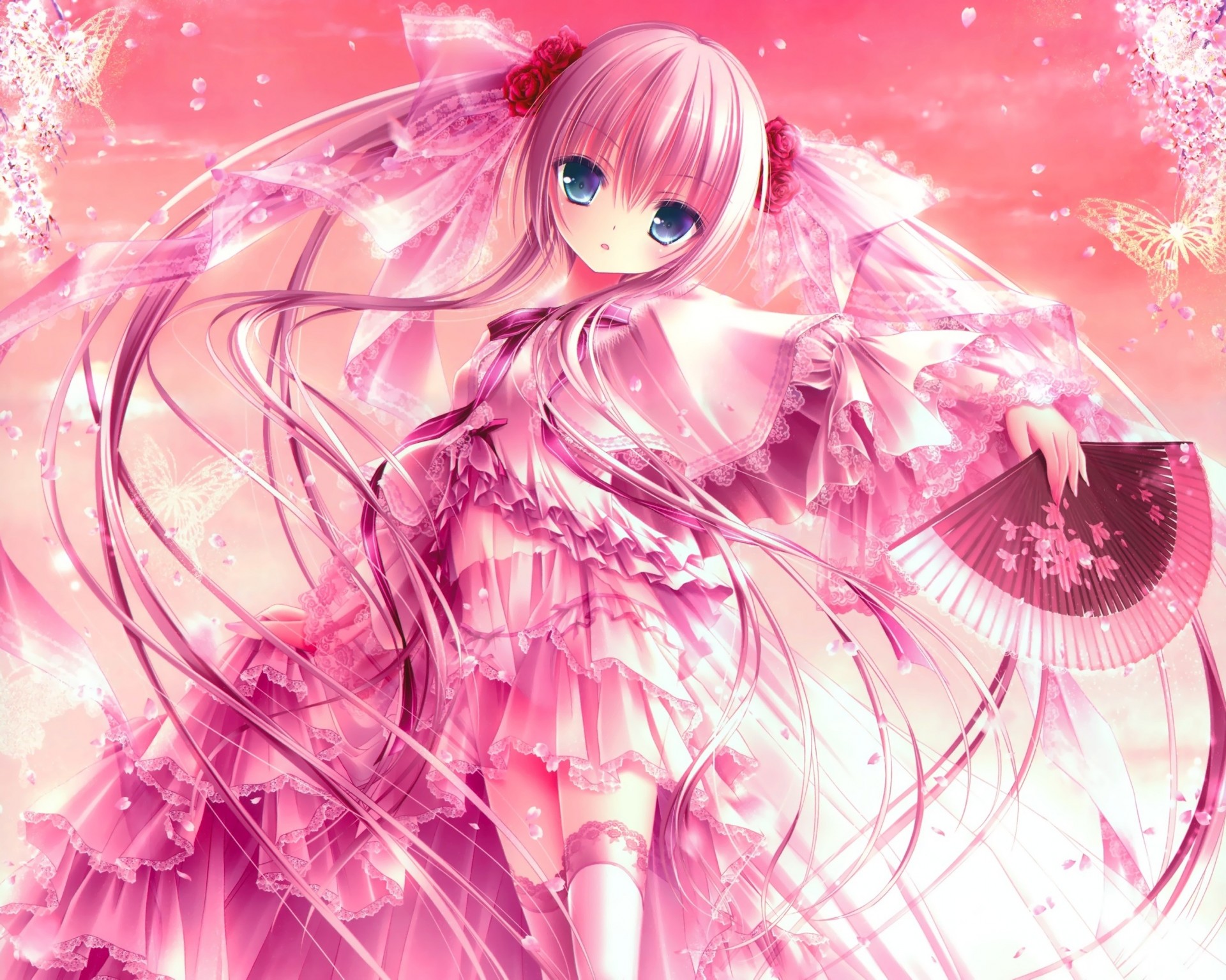 pink hair petals fan loli long hair twintails underwear shorts thighhigh