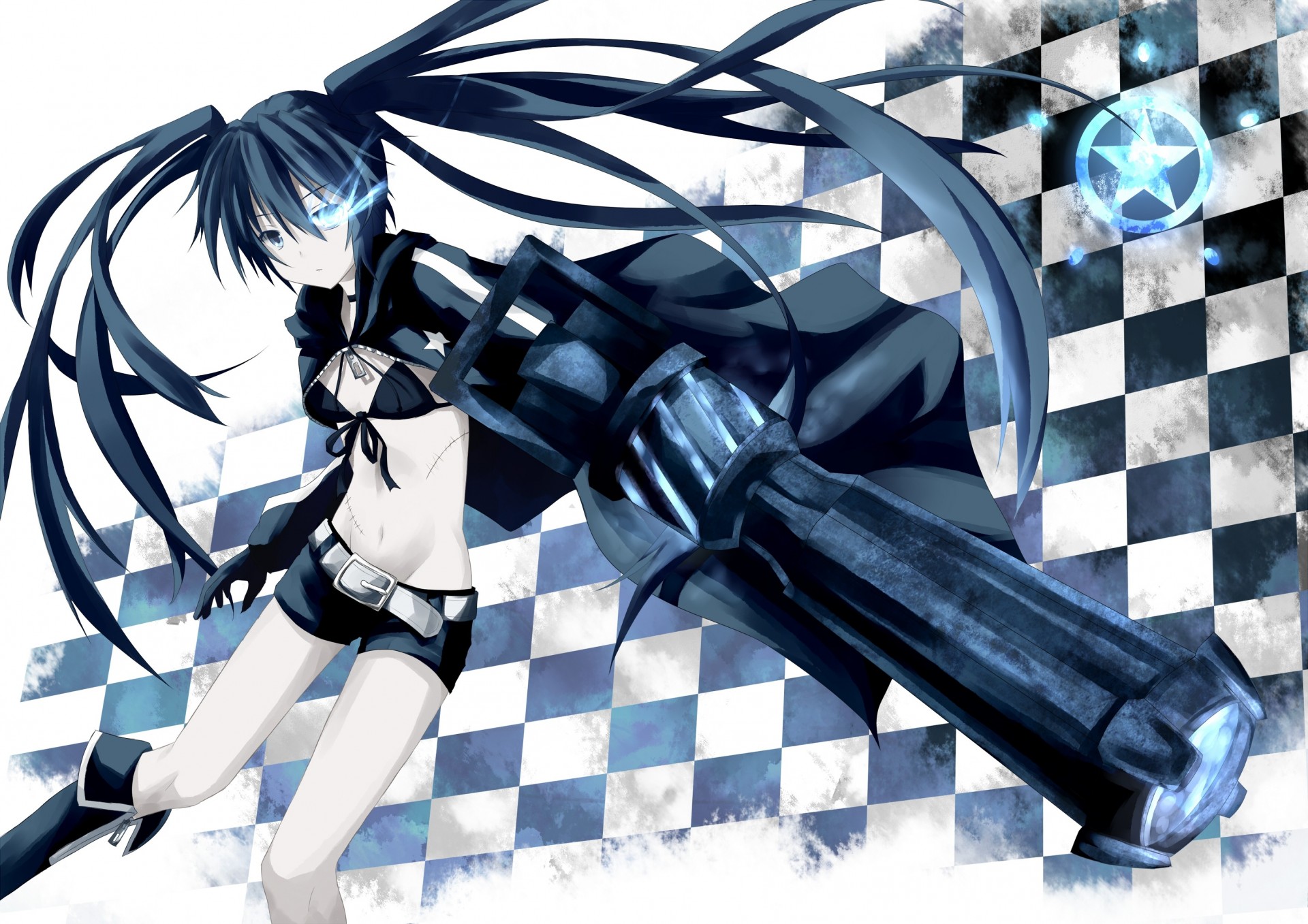 blue eyes flying fortress boots bikini black hair long hair twintails weapon kuroi mato shorts scar