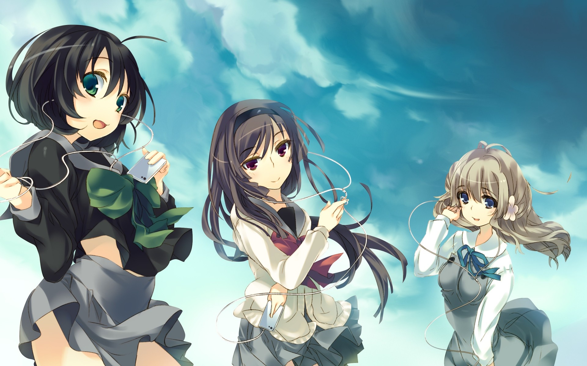 blue eyes short hair seifuku long hair clouds black hair tagme purple eyes headphones 3girls brown hair