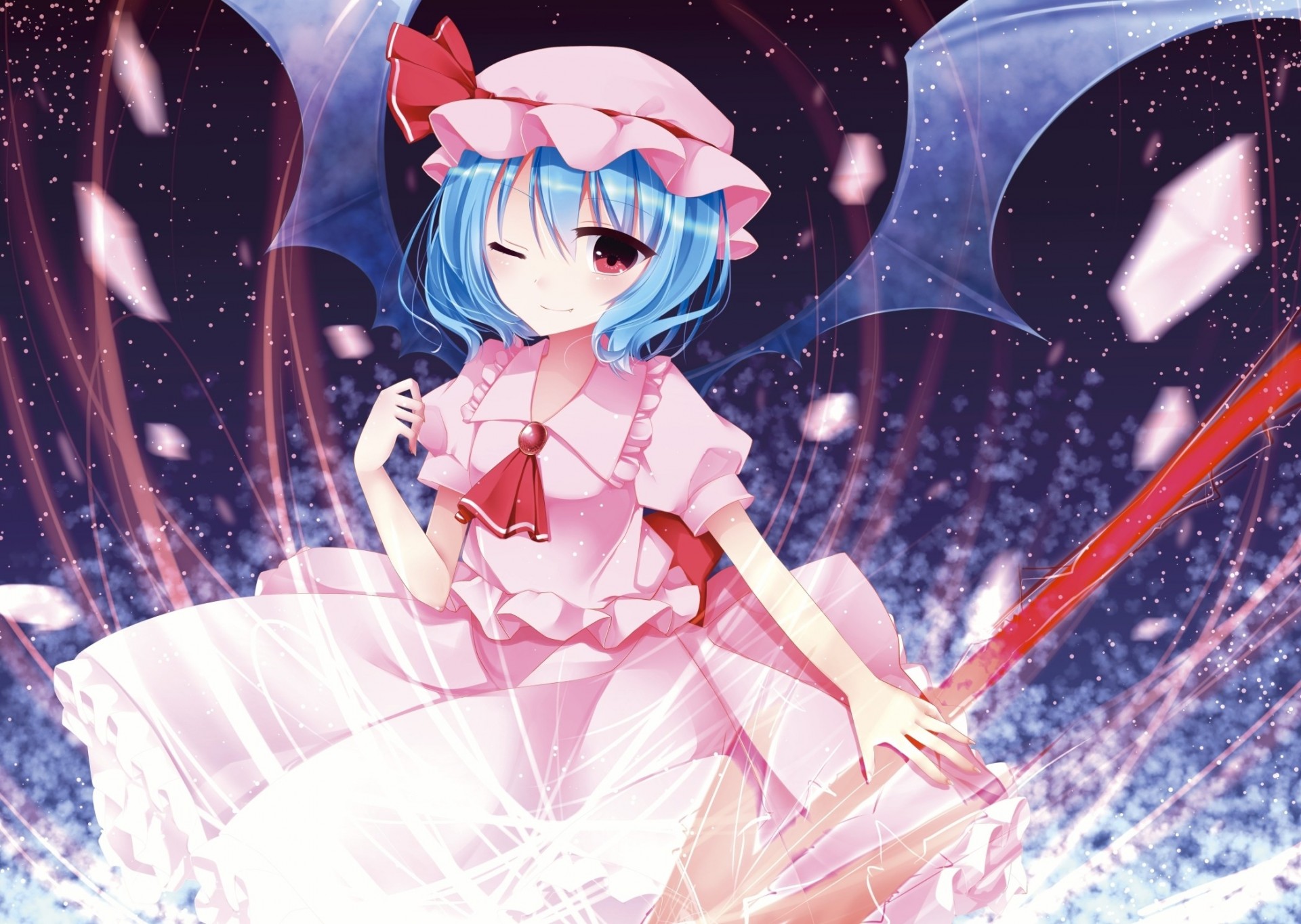 ky short hair wink hat night red eyes weapon spear dress wings remilia scarlet blue hair