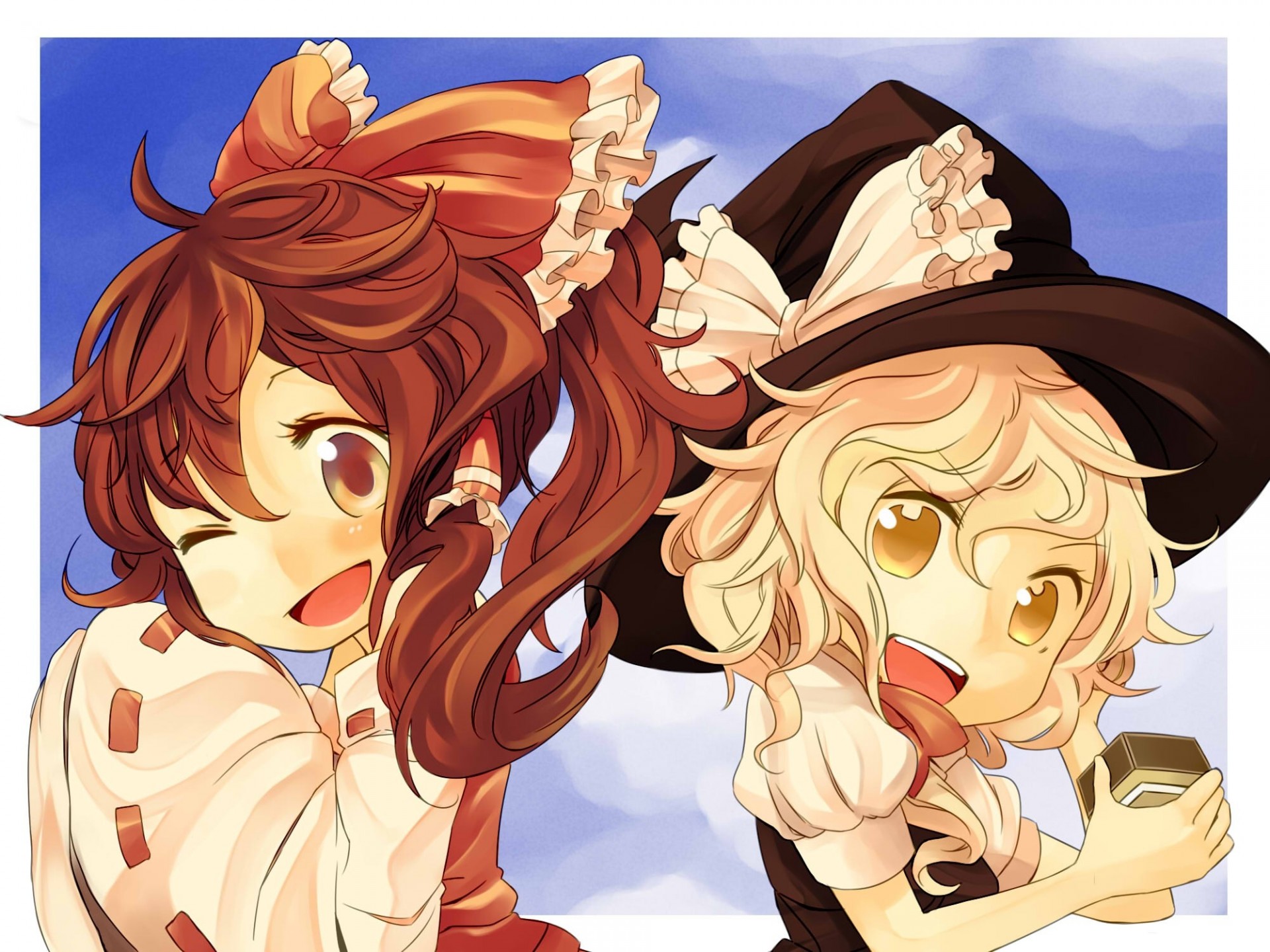 pit wink blonde hair hat witch hat torment brown eyes long hair 2girls brown hair