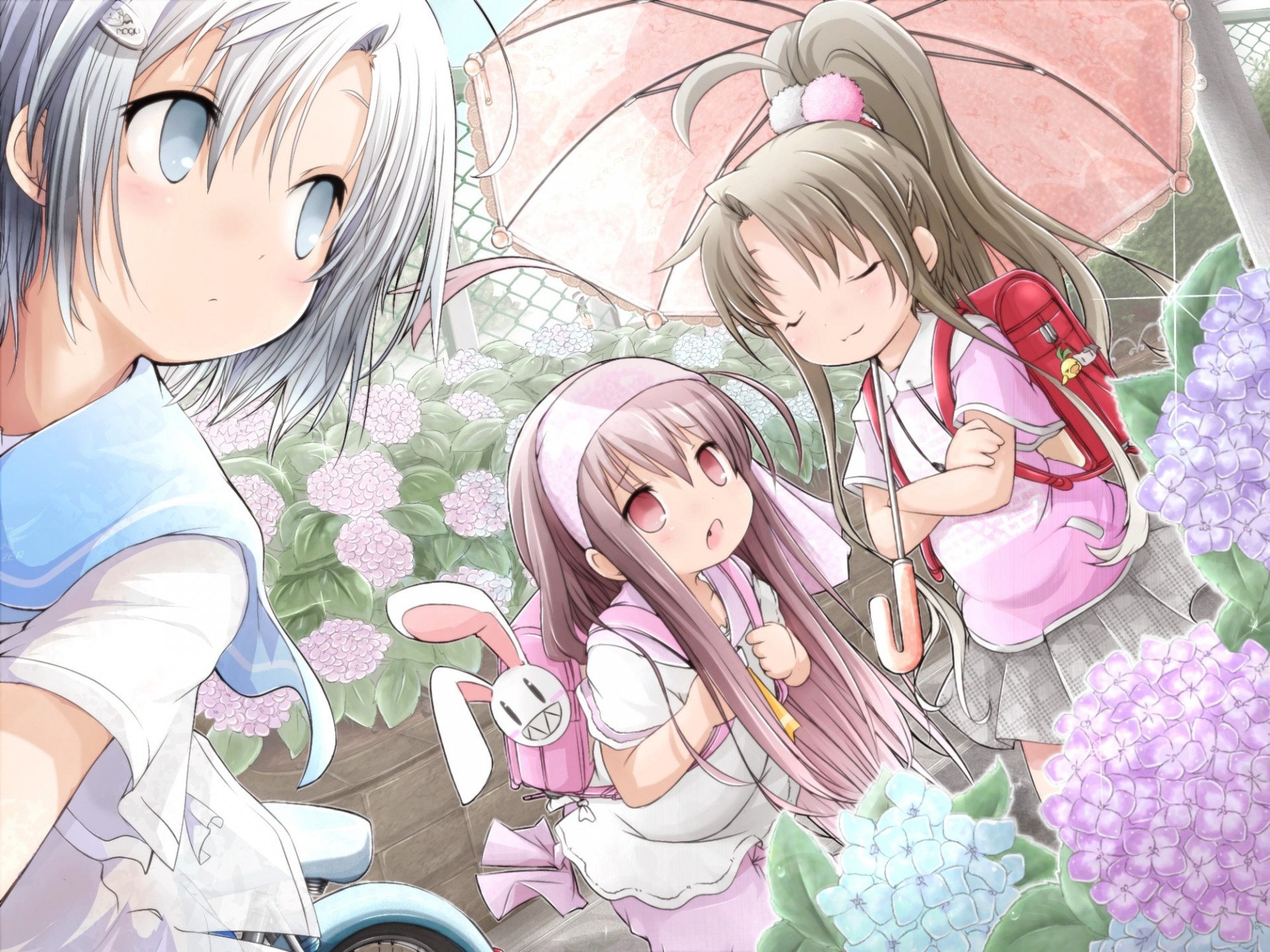 blue eyes short hair seifuku skirt blush pink eyes long hair flower white hair 3girls umbrella brown hair