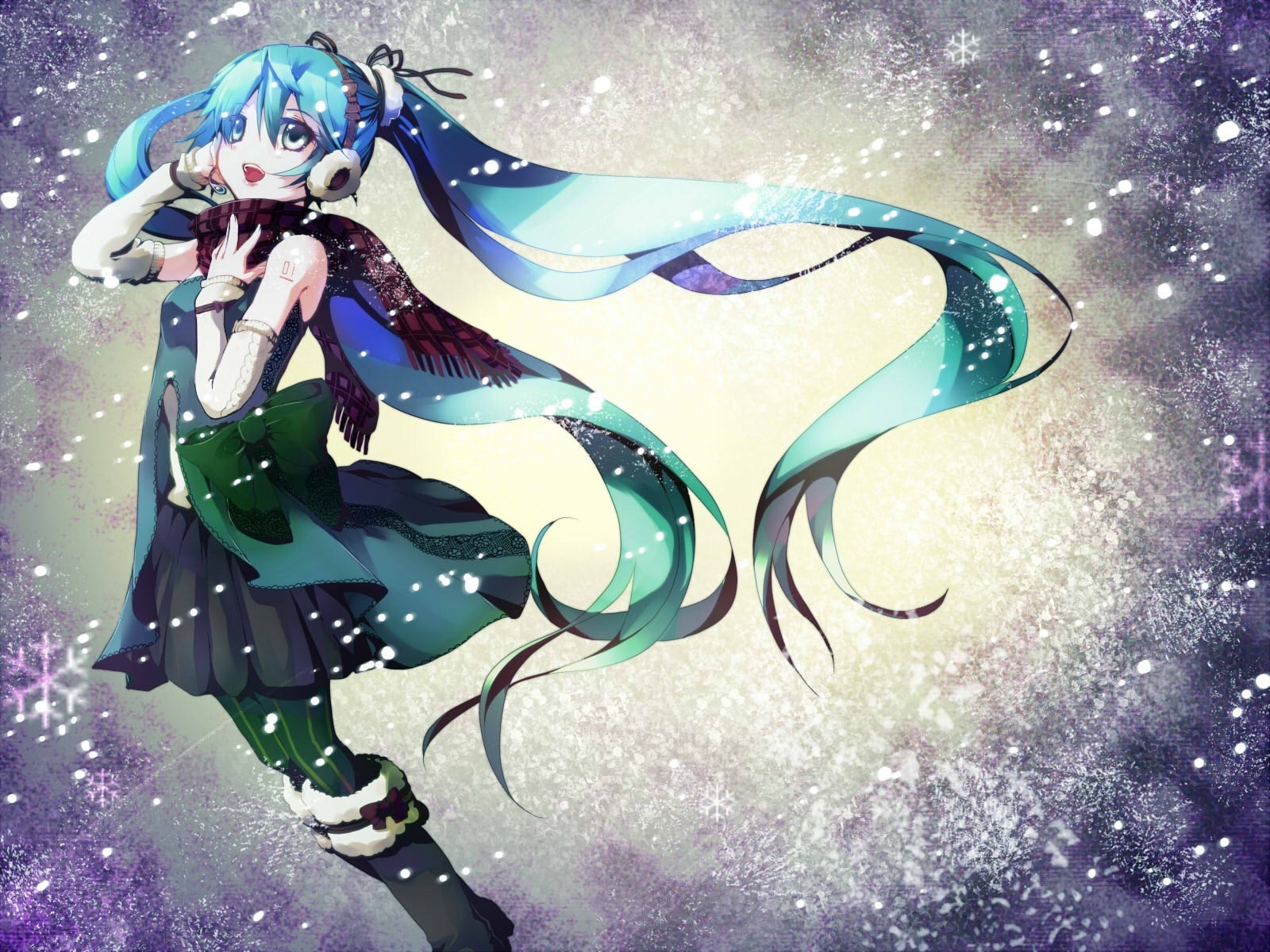 ubierać się śnieg długie włosy hatsune miku łuk szalik rajstopy twintails mikrofon niebieskie włosy