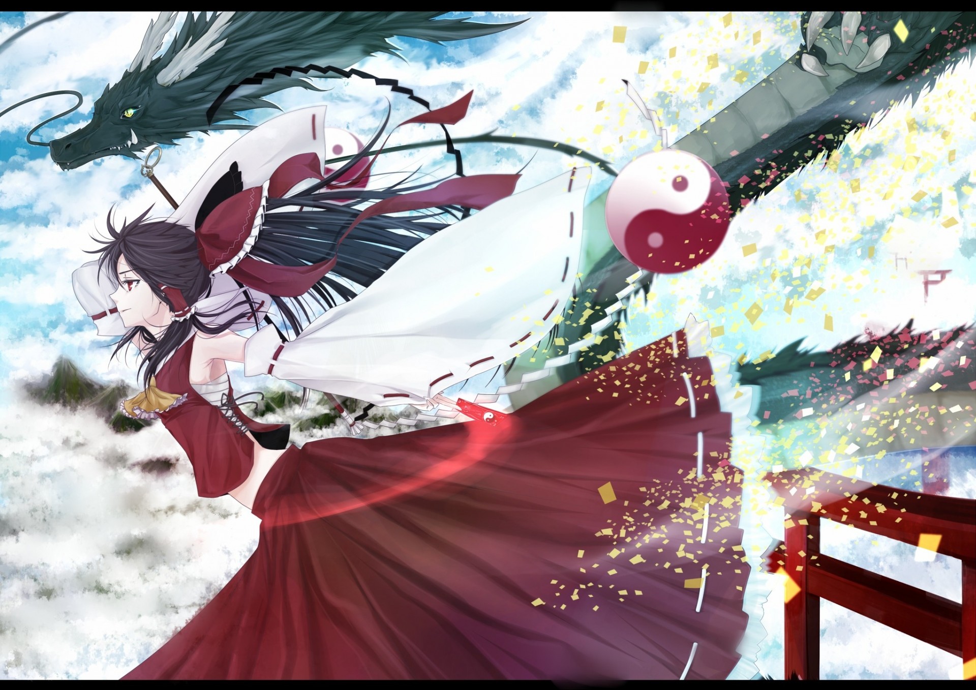 ky dragon torment clouds black hair long hair red eyes japanese clothes tail