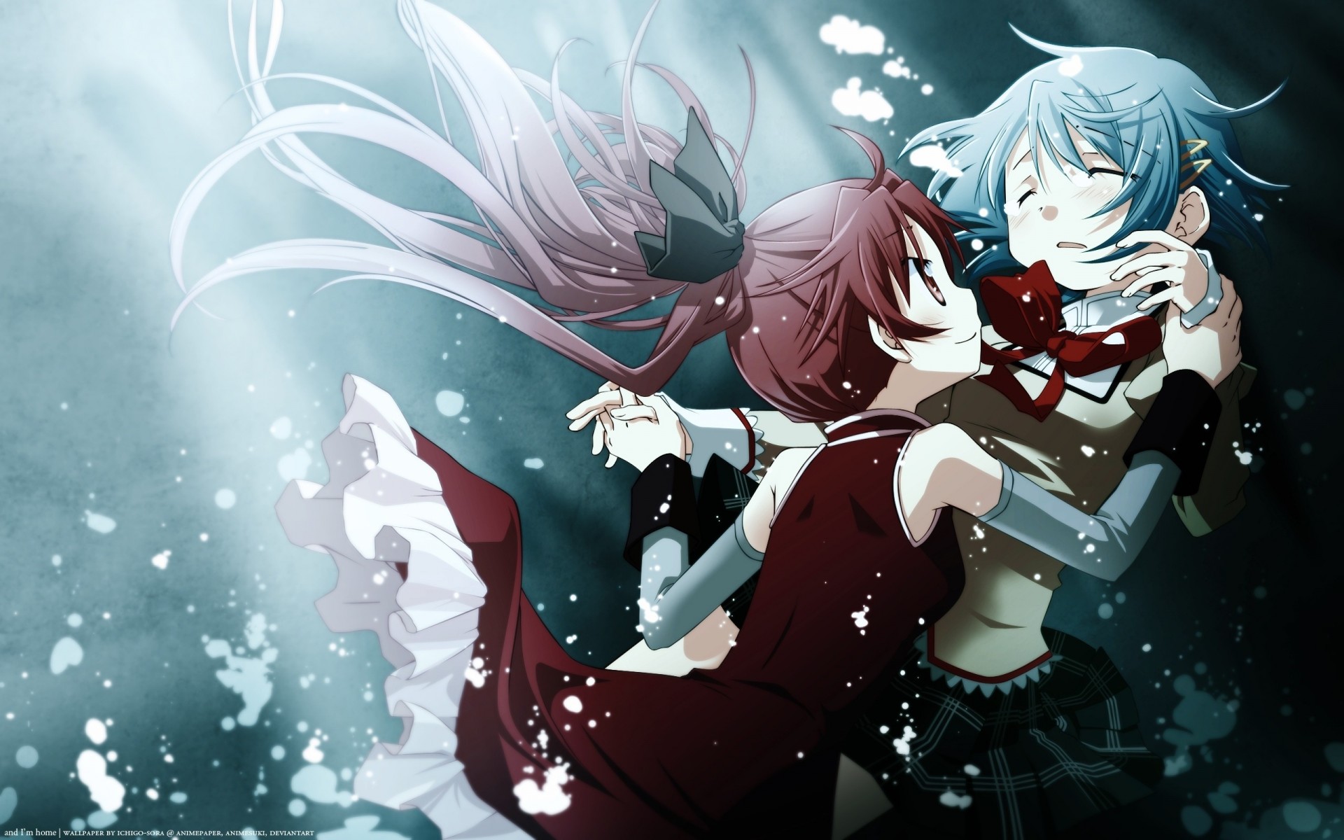 red hair underwater seifuku short hair torment long hair 2girls red eyes dress tail blue hair