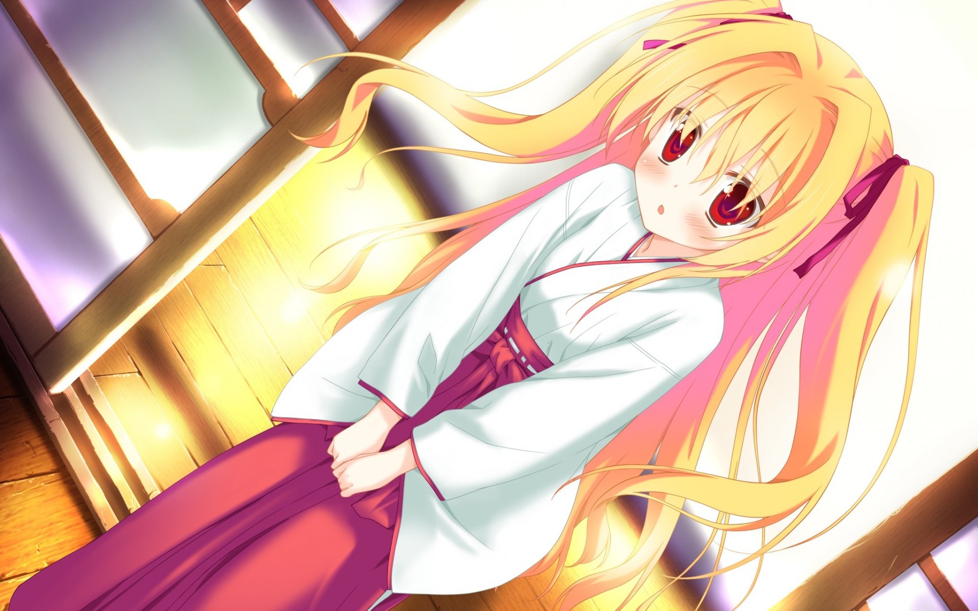 twintails blush blonde hair long hair red eyes japanese clothe