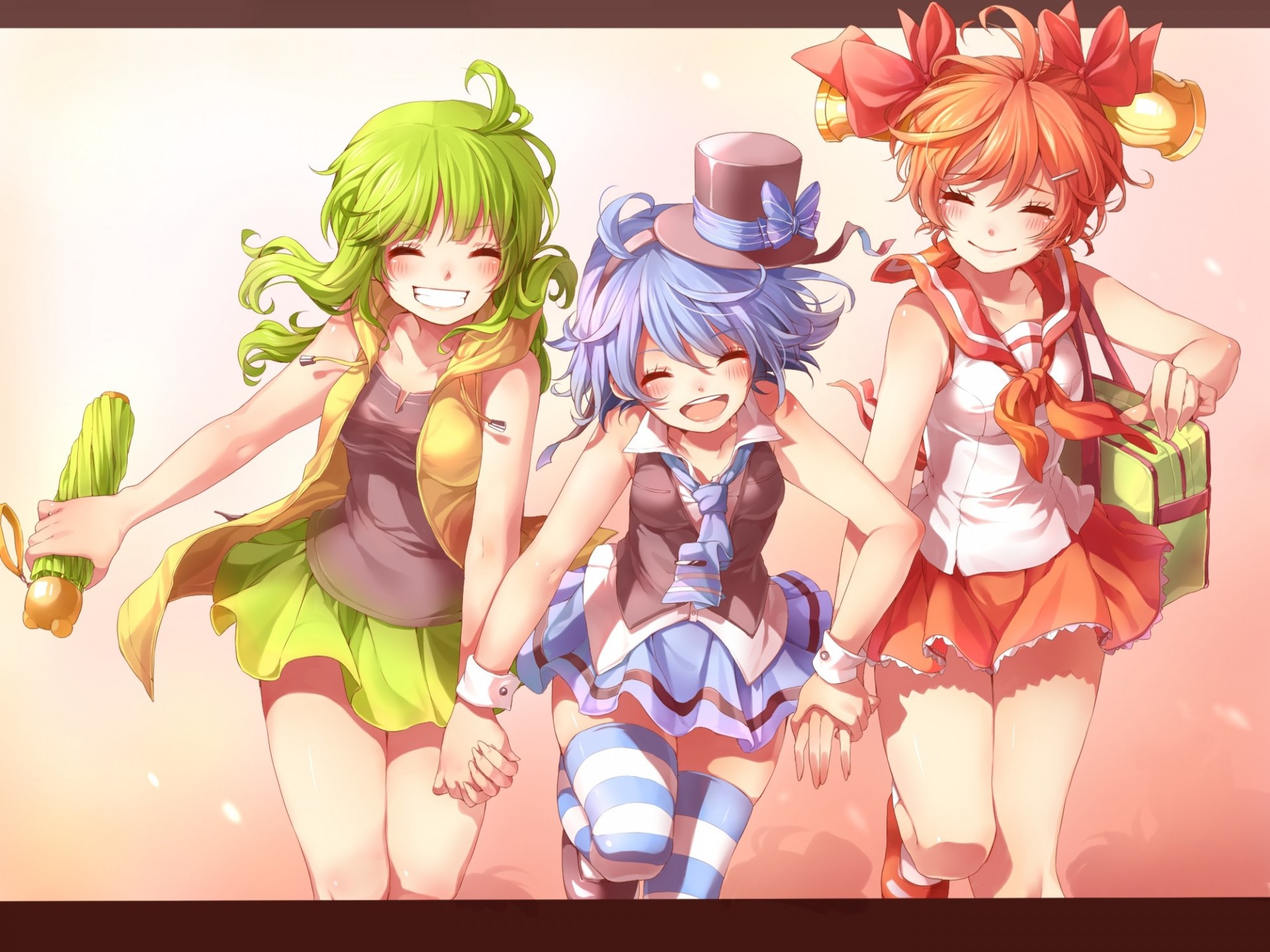 hort hair tapes skirt hat blush torment green hair long hair stockings bind 3girls umbrella blue hair