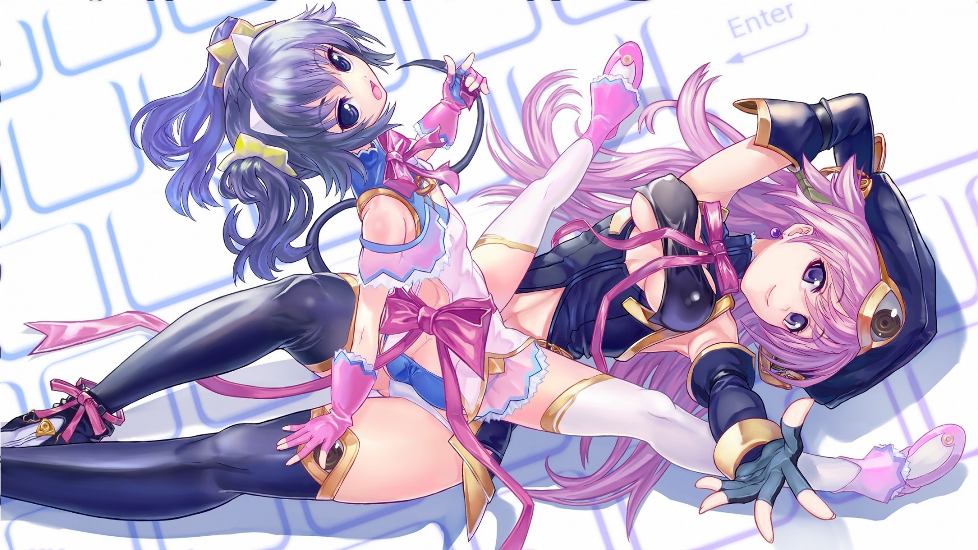 pink hair long hair tagme character purple hair purple eyes 2girls thighhigh