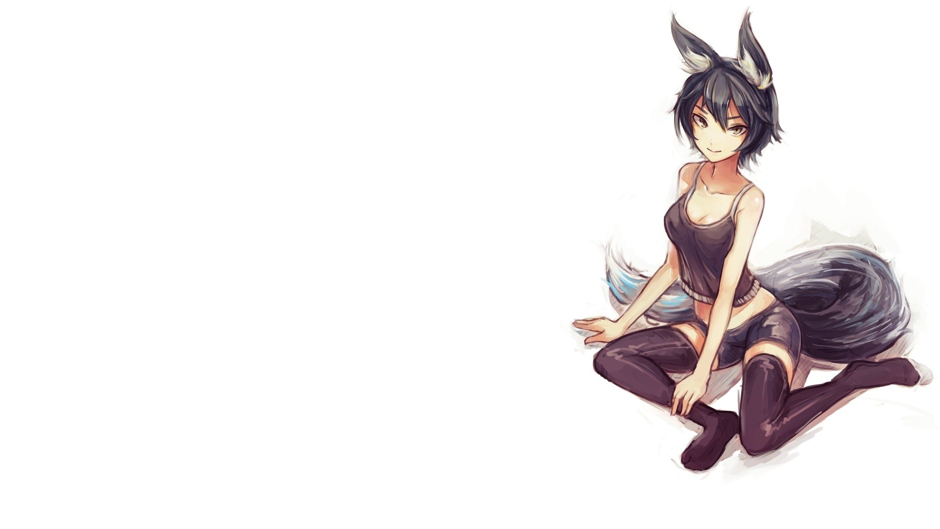 black hair white shorts thighhighs animal ears tail