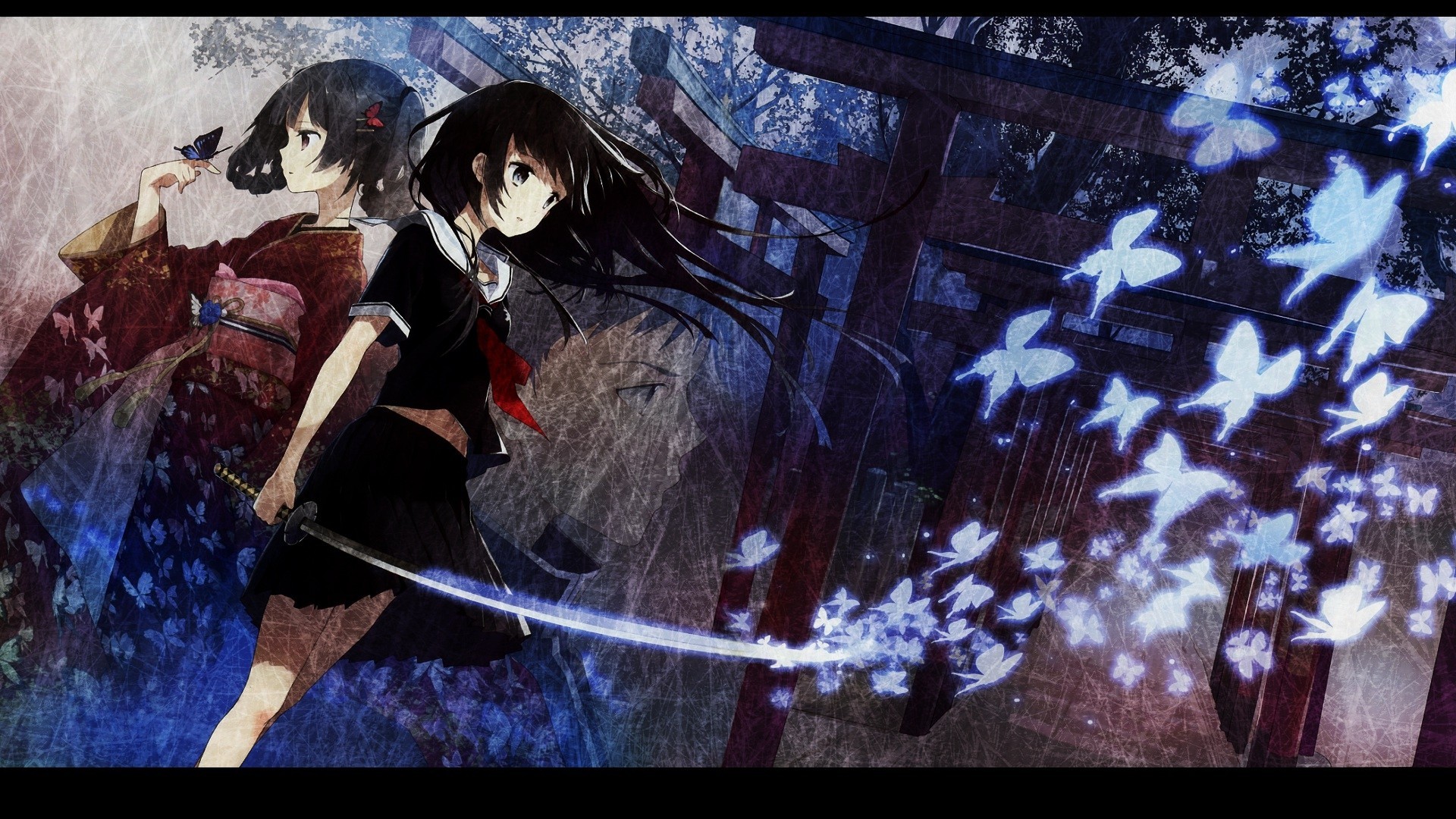 hort hair seifuku light torii long hair black hair tree tagme japanese clothes kimono sword bind weapon navel gray eye