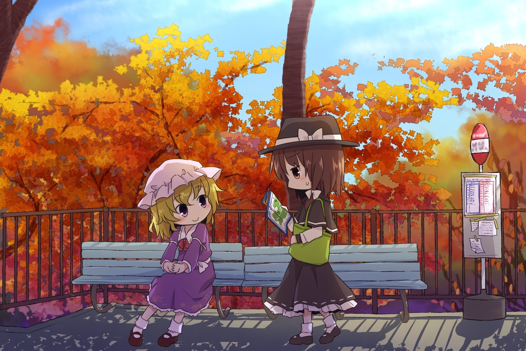 hort hair brown eyes blonde hair blush chibi sheet tree purple eyes 2girls autumn brown hair