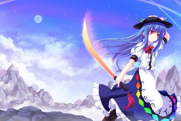 Himmel, Berge, Mädchen mit anime-Schwert