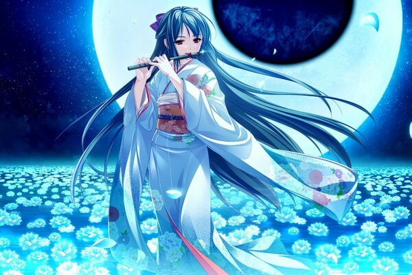 Anime girl in the moonlight playing the flute