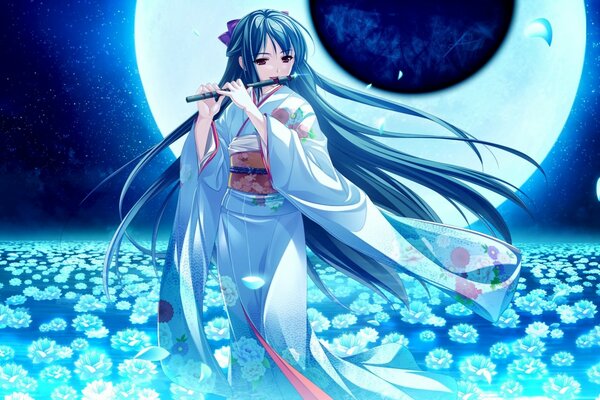Anime dziewczyna w świetle księżyca gra na flecie