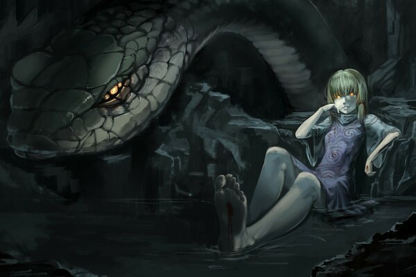 Moriya suwako barefoot next to a snake