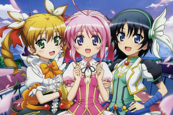Tres chicas de anime con el pelo corto
