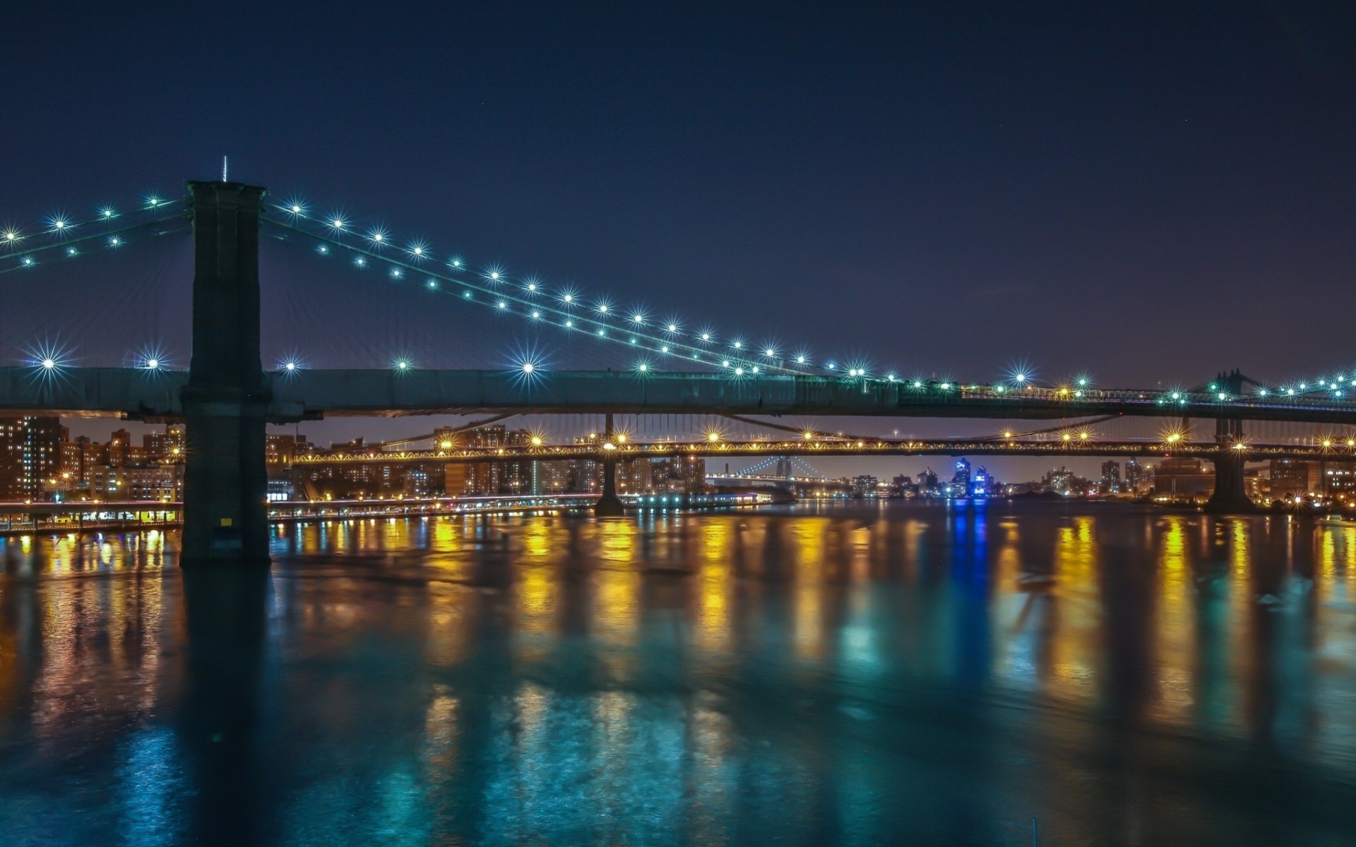 east river światła rzeka brooklyn bridge nowy jork manhattan bridge most night city cieśnina