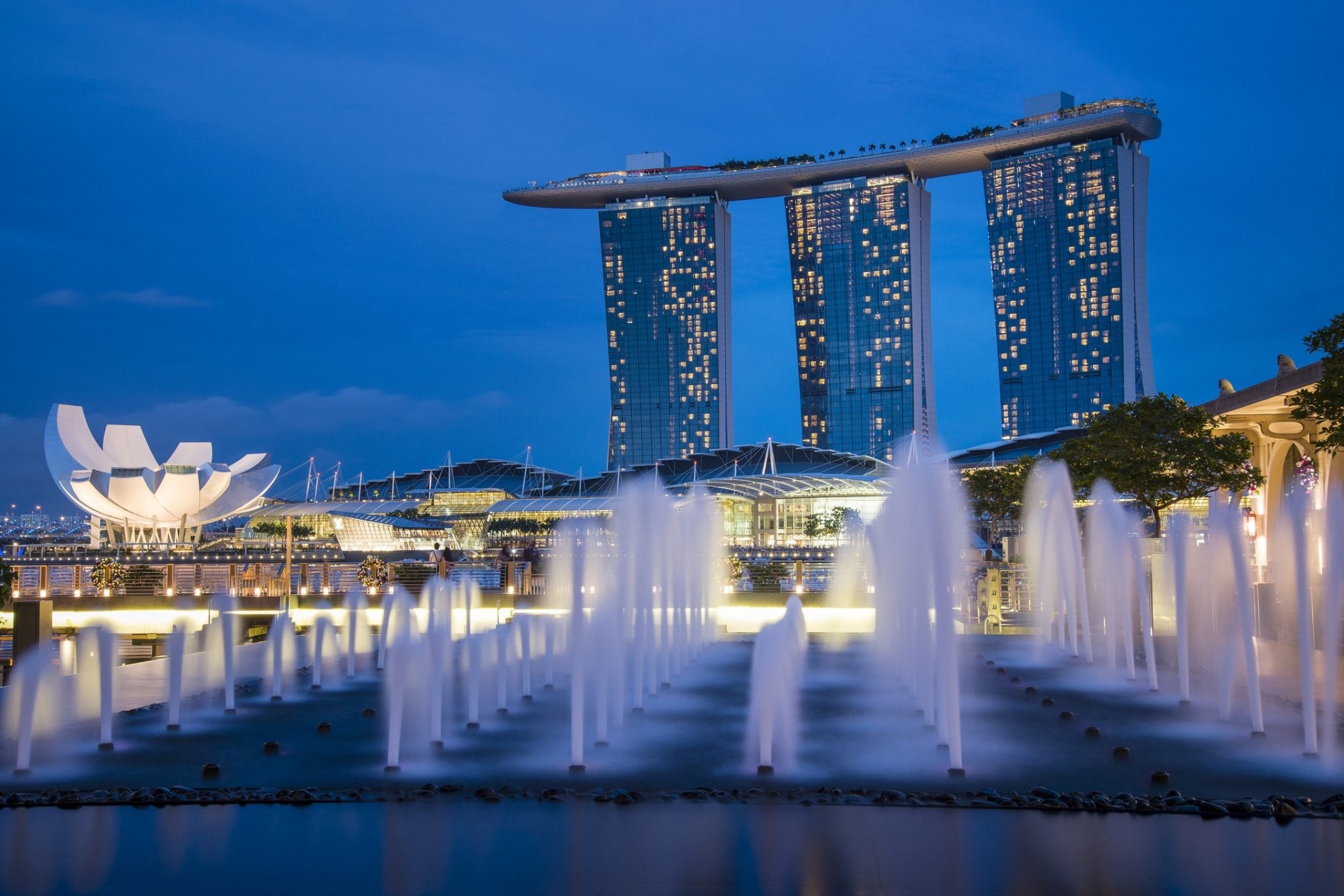 himmel lichter wolkenkratzer nacht blau singapur bäume metropole architektur lichter brunnen stadtstaat beleuchtung