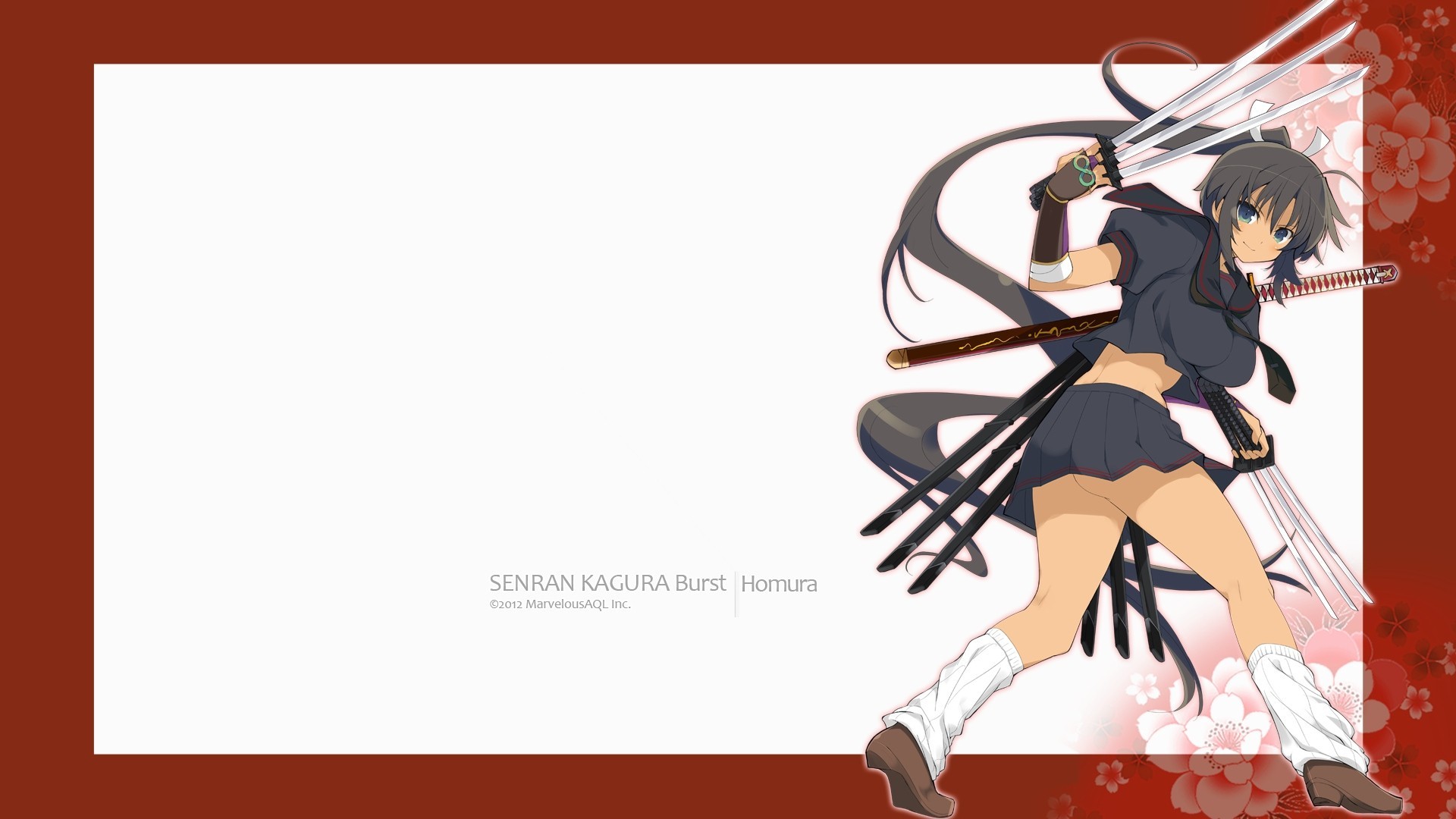 blue eyes seifuku skirt armour black hair weapon long hair katana homura sword tail