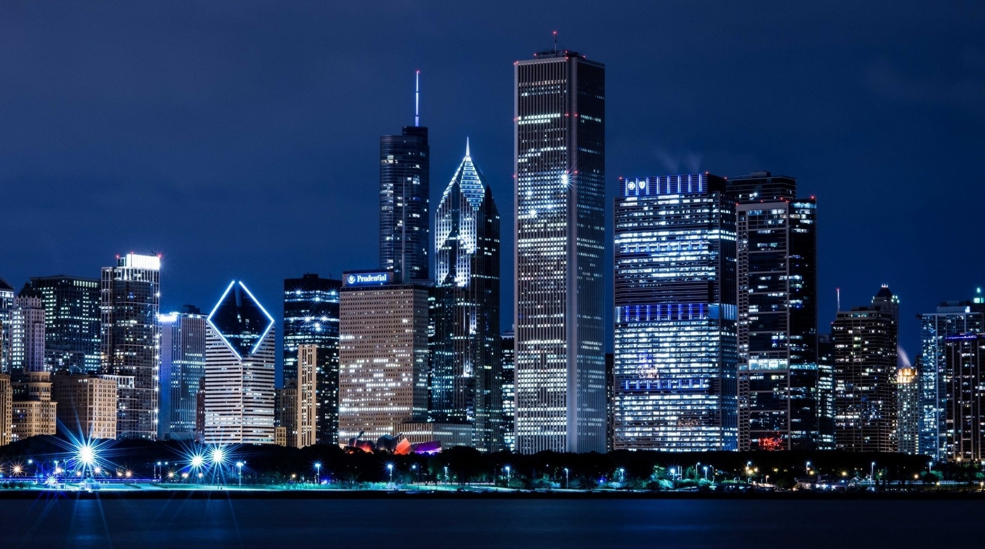 chicago ville nuit rivière usa illinois gratte-ciel bâtiment arbres maisons