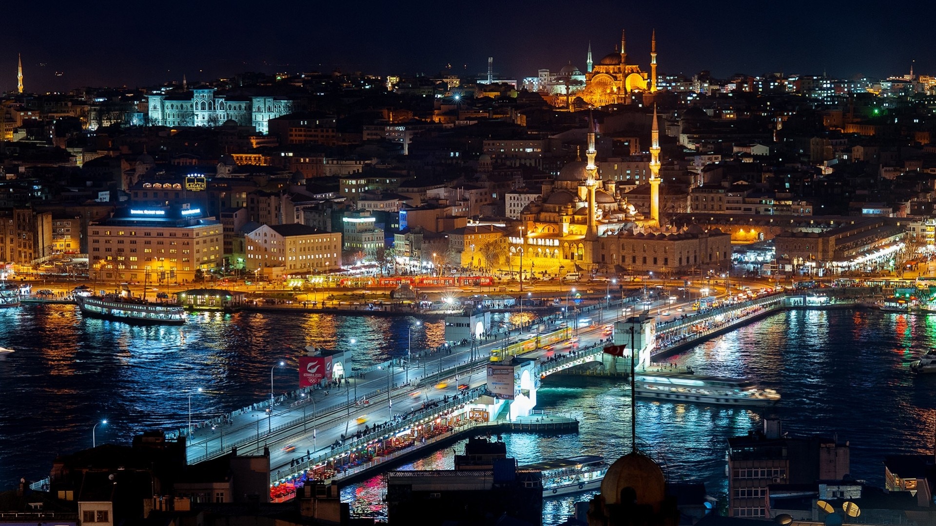 luci moschea paesaggio notte istanbul bosforo città acqua luce turchia torre di galata movimento