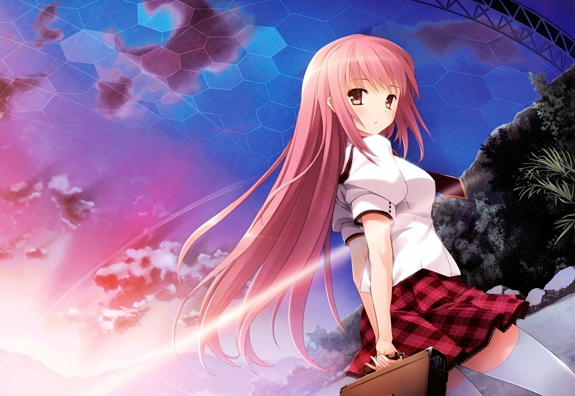 himmel rosa haare seifuku wolken sonnenuntergang langes haar binden miyuki sen thighhigh