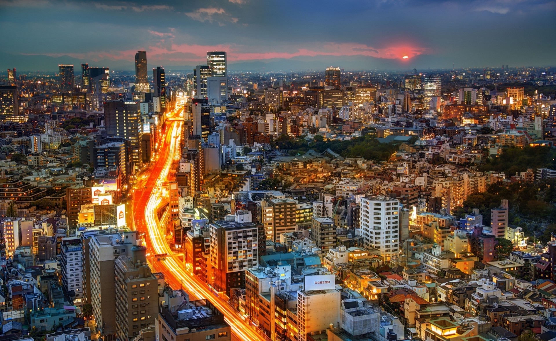 tokyo sunset building panorama road japan night city