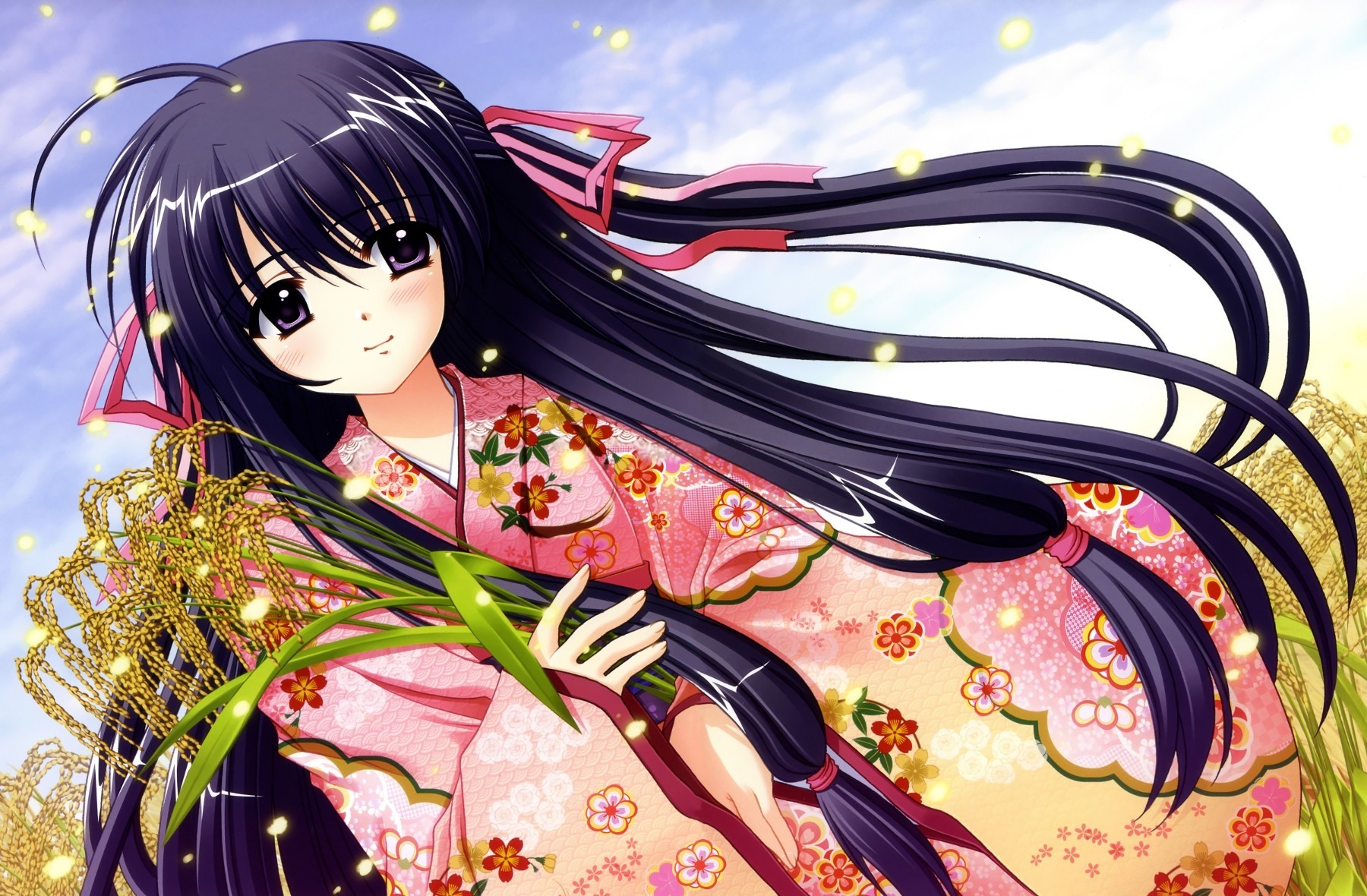 tapes long hair japanese clothes purple hair purple eyes kimono