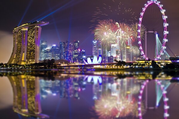 Festive fireworks over the city at night