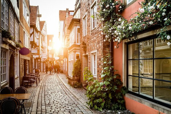 A narrow street in the rays of the sun