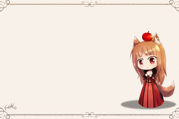 Das rothaarige Mädchen ist ein Fuchs in einem langen roten Kleid und mit einem Schwanz, der mit einem roten Apfel auf dem Kopf steht