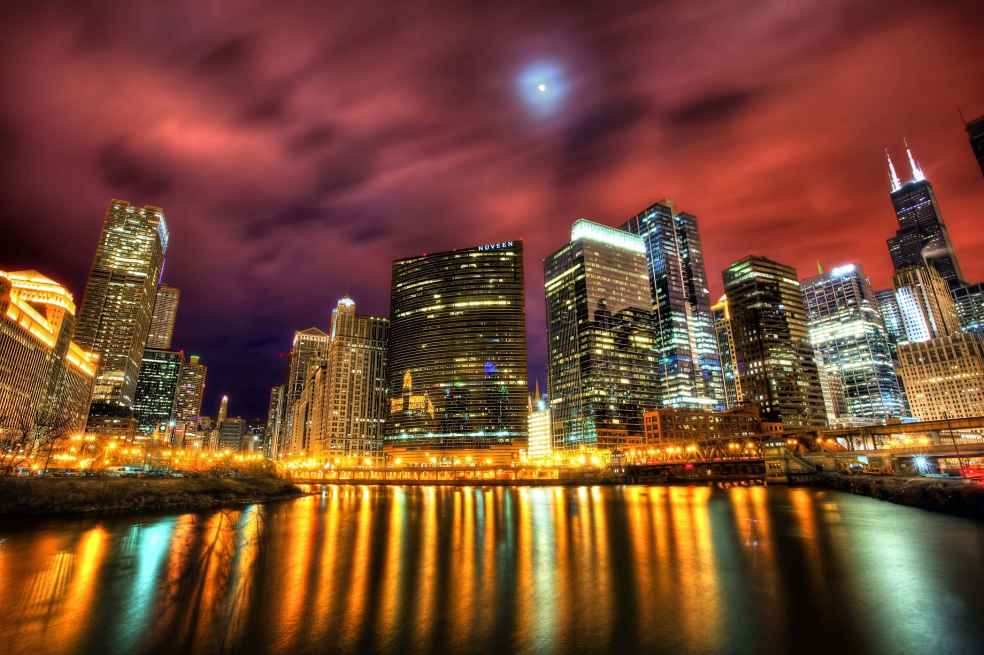 lichter chicago stadt nacht fluss north river küste reflexion usa bäume wolkenkratzer illinois schatten gebäude llinois licht häuser