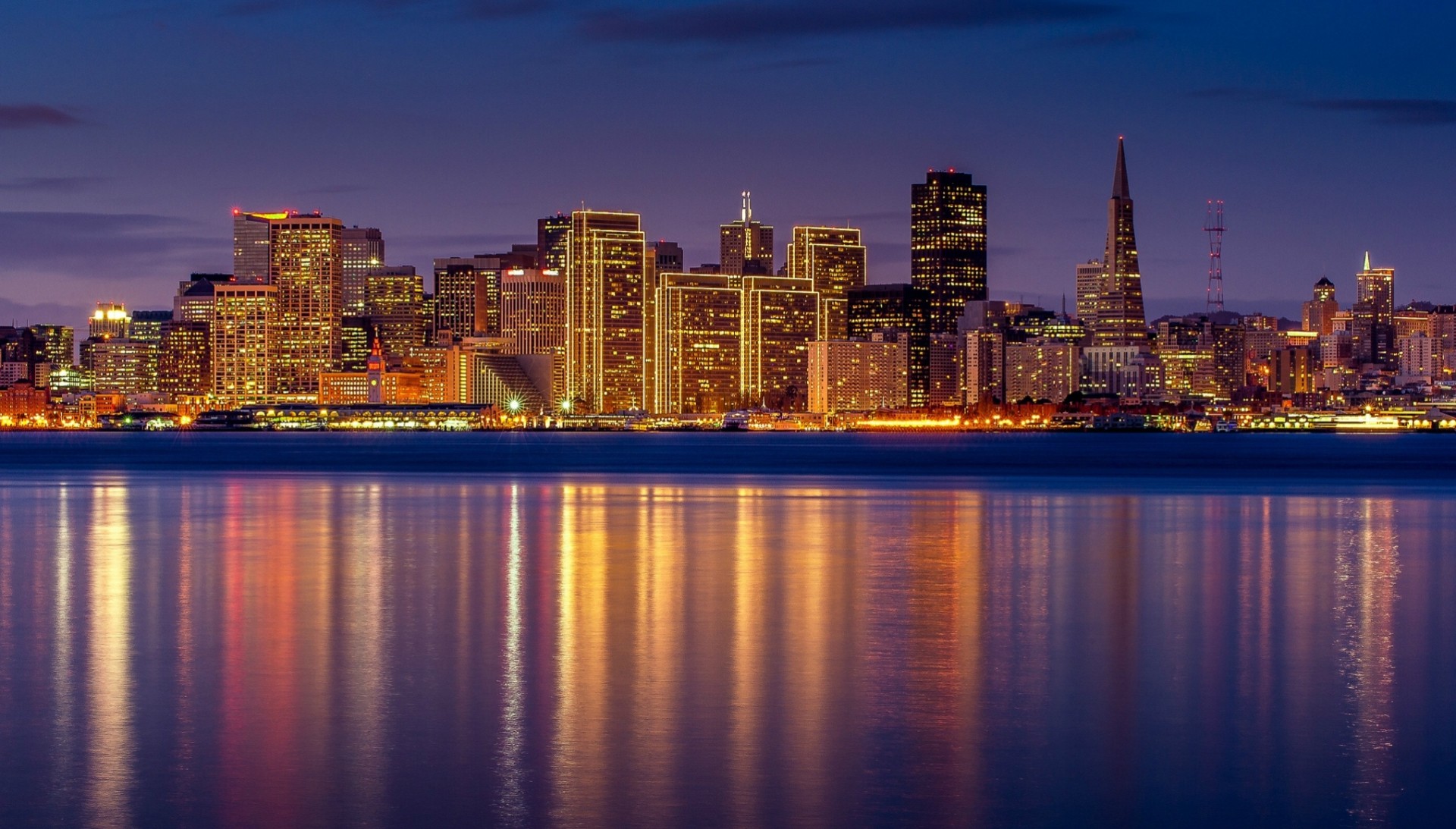 lumières californie san francisco ciel réflexion usa gratte-ciel baie ville nuit lilas bâtiment maisons éclairage