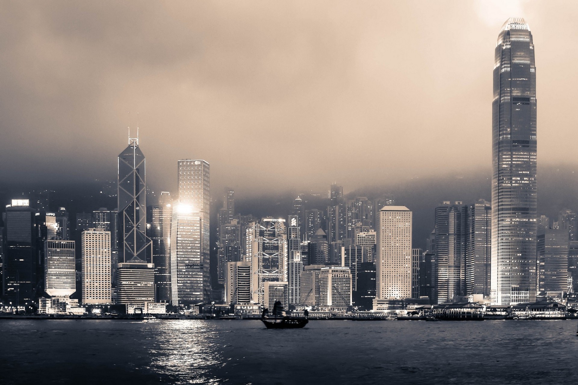 black and white hong kong victoria harbour china skyscraper building harbor night city