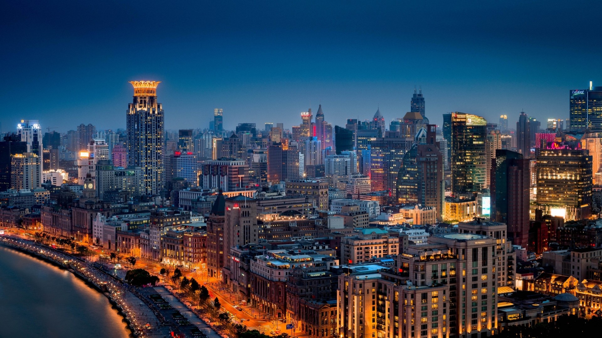 china shanghai panorama building huangpu night city embankment