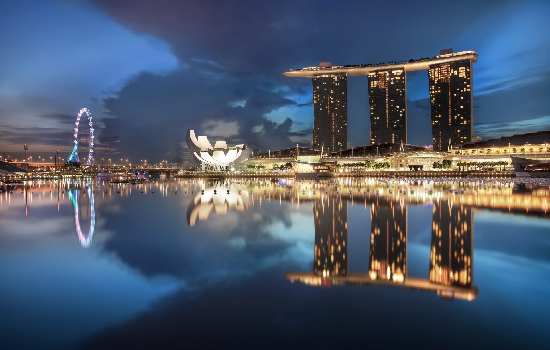 ciel lumières gratte-ciel nuit bleu nuages singapour arbres métropole architecture lumières ville-état rétro-éclairage