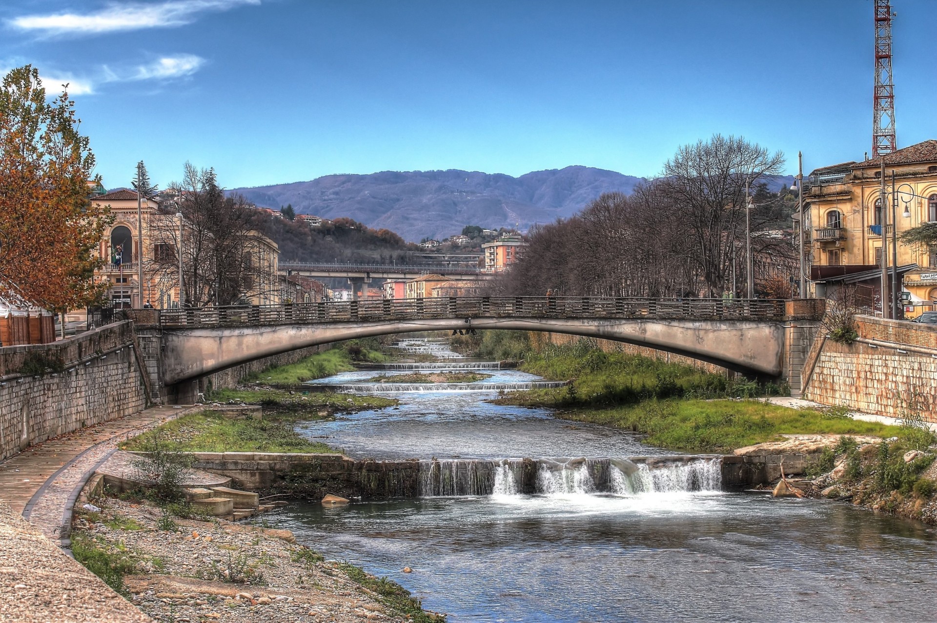 cityscape river bridge town