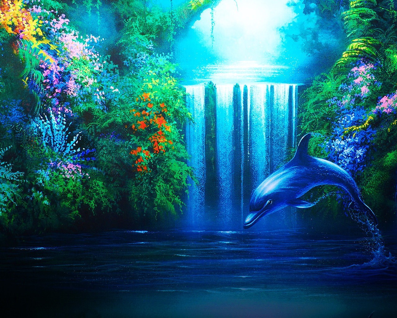 waterfall plants dolphin