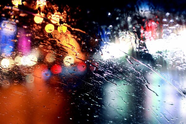 Image of night lights on the background of raindrops