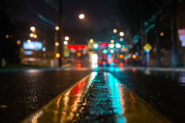 Reflection of lights on a wet road