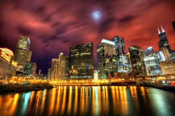 Nocne światła Chicago na północnym wybrzeżu