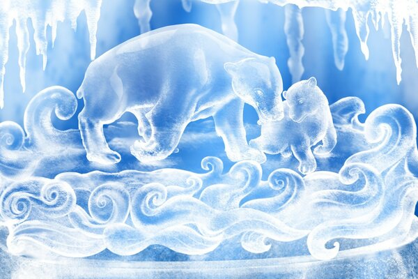 Sculpture of bears made of ice