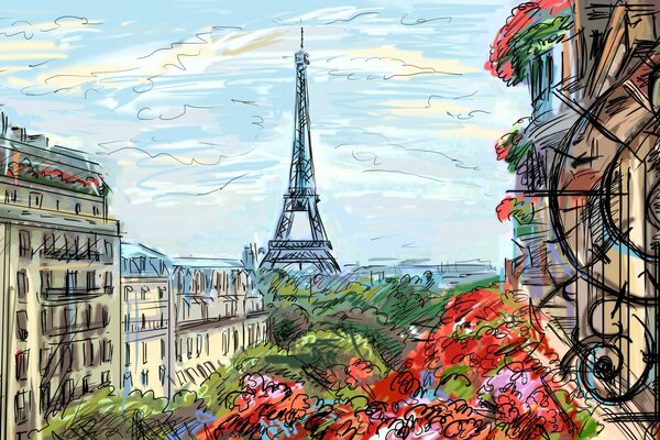 Dibujo de París con flores, casas y la torre Eiffel contra las nubes