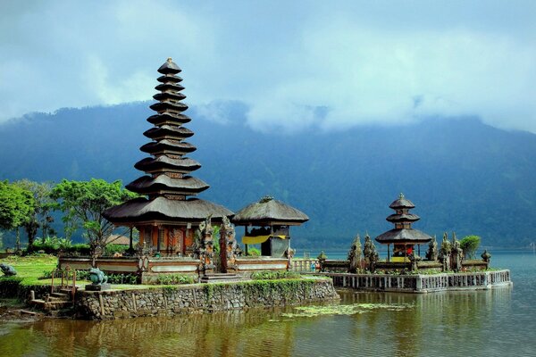 A temple in Indonesia on the shore of a lake