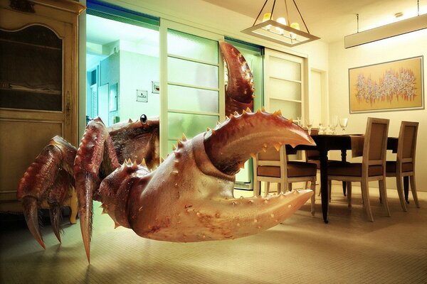 Painting of a giant crab in a room
