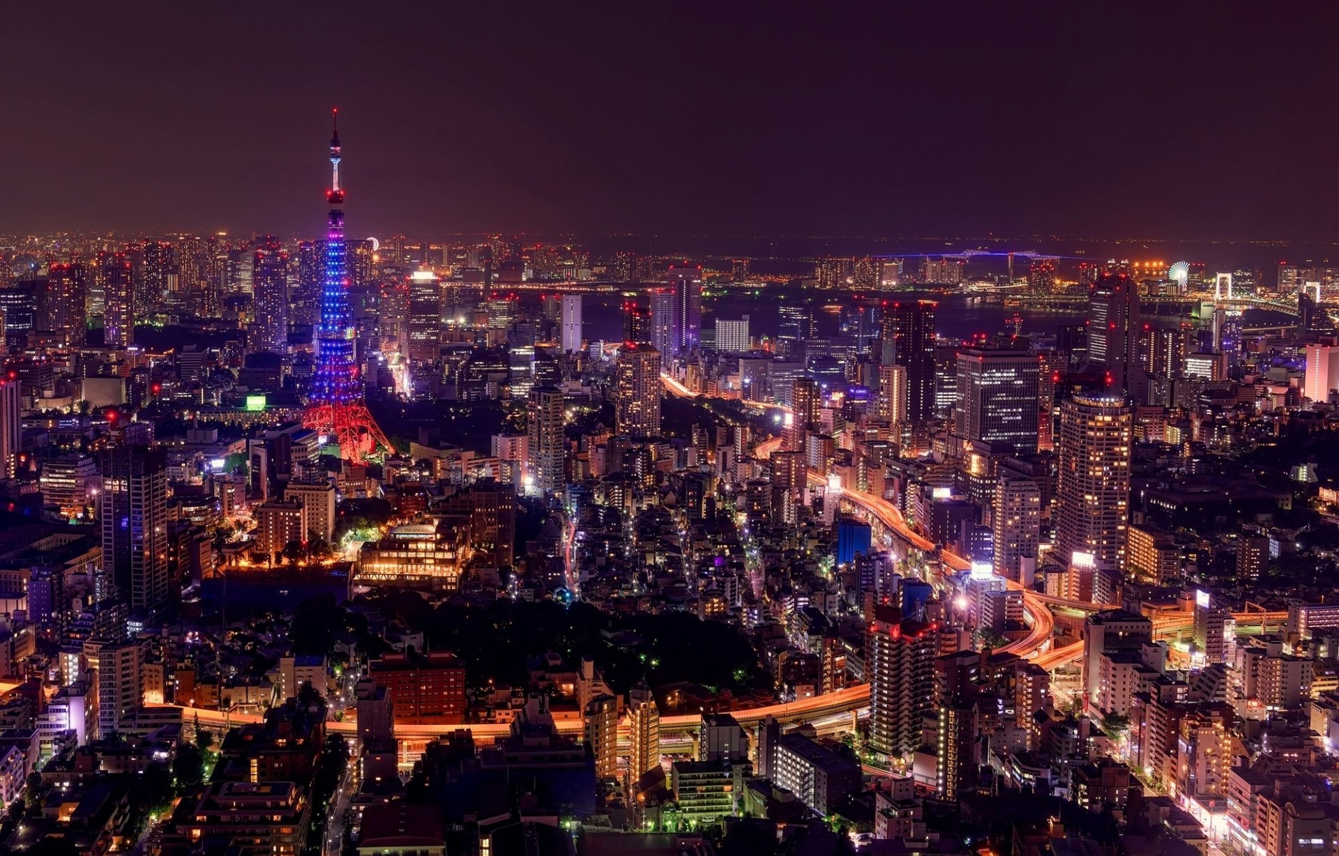 luci strada retroilluminazione notte tokyo torre di tokyo ponte grattacieli città edificio giappone panorama