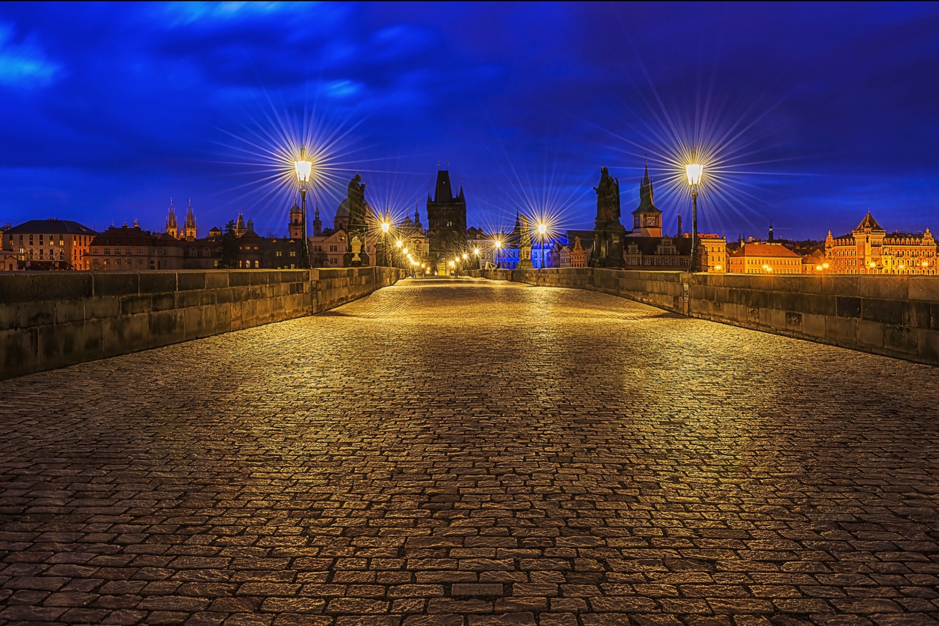 czech josefov republic quarter light charles bridge city night prague architecture headlights paving stone