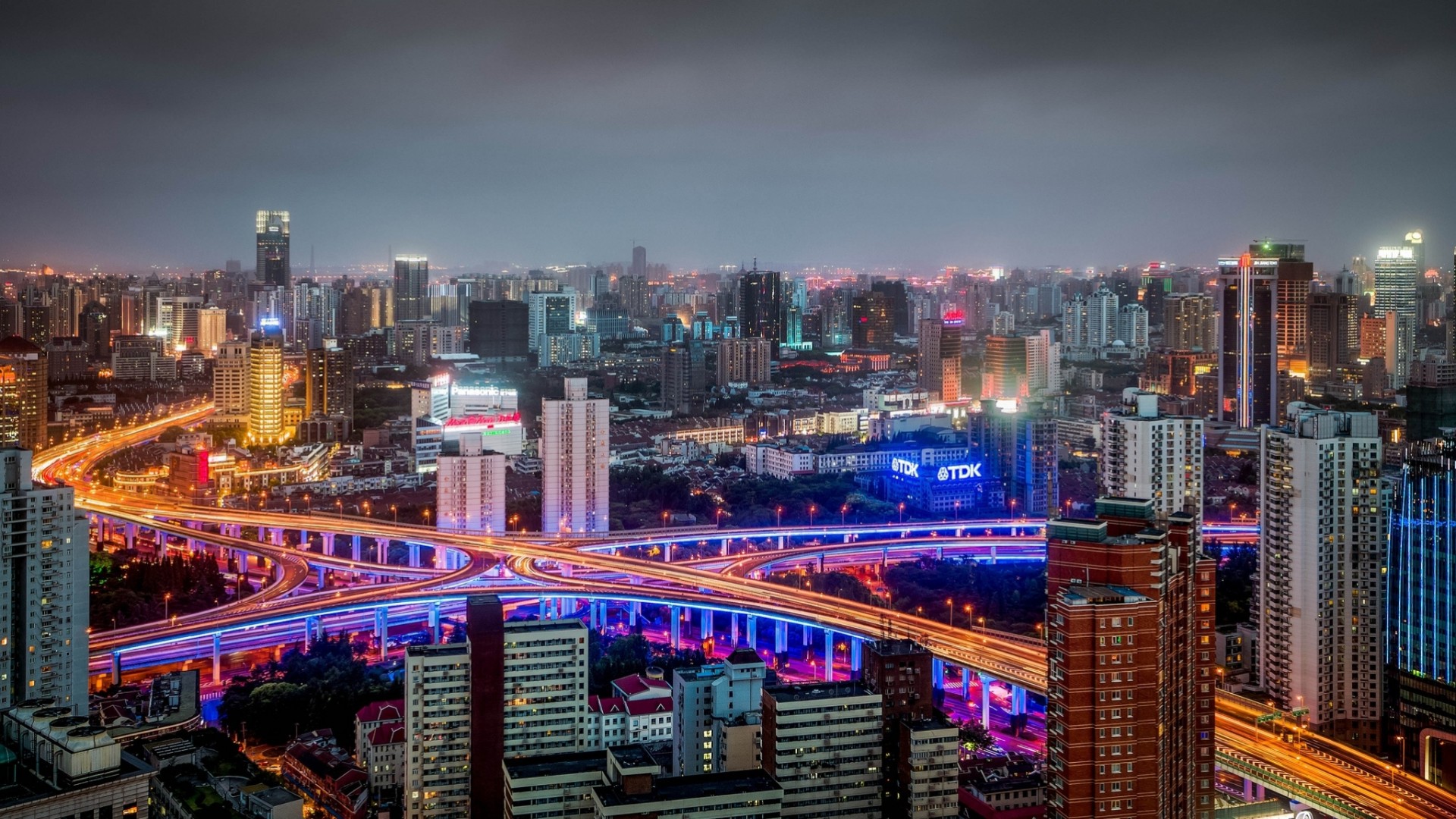 china shanghai panorama building huangpu night city road