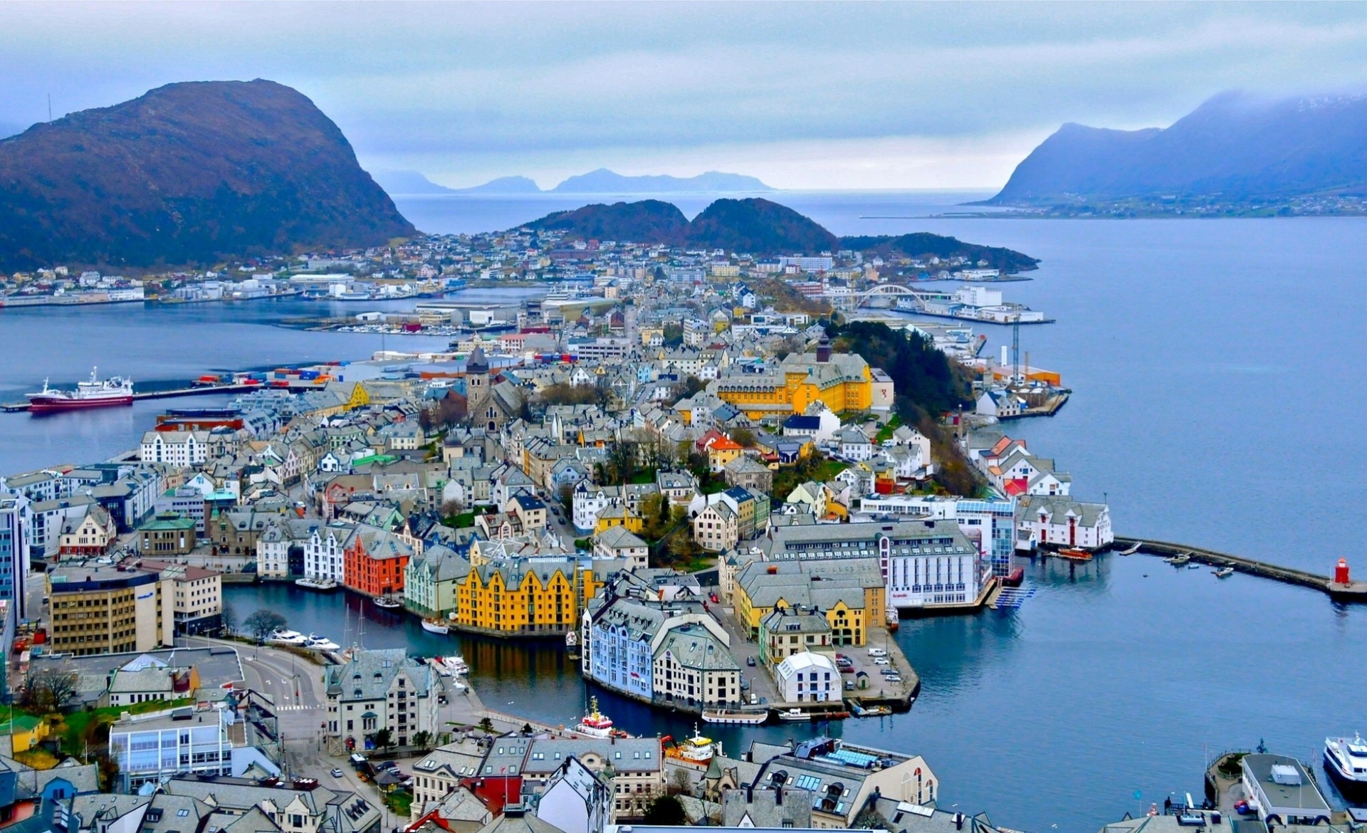 aalesund fjord norway panorama the port building mountain